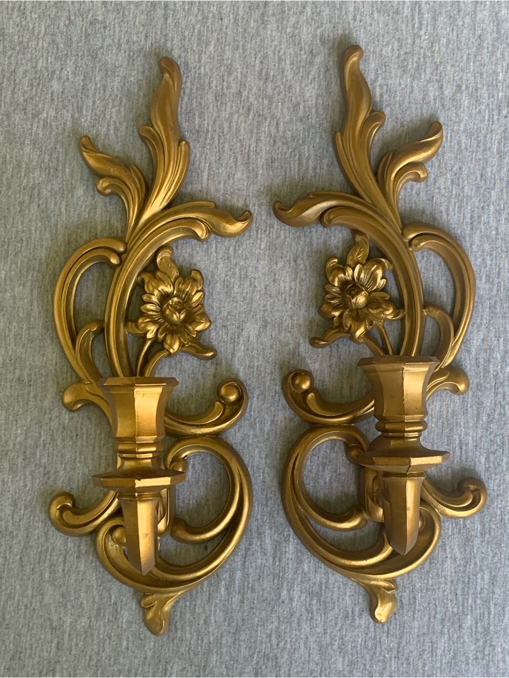 Vintage Syroco Gold Wall Sconces Pair MCM Hollywood Regency Floral Scroll Candle
